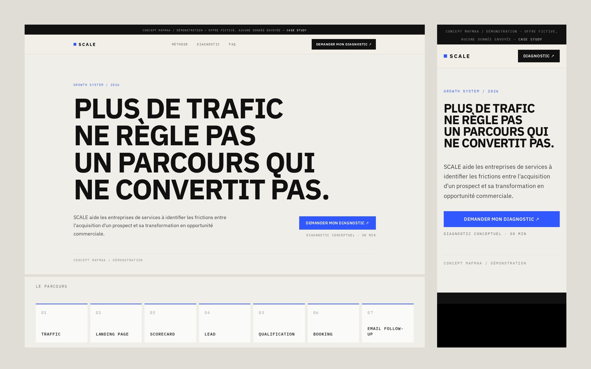 Aperçu SCALE : landing page, parcours du tunnel et version mobile