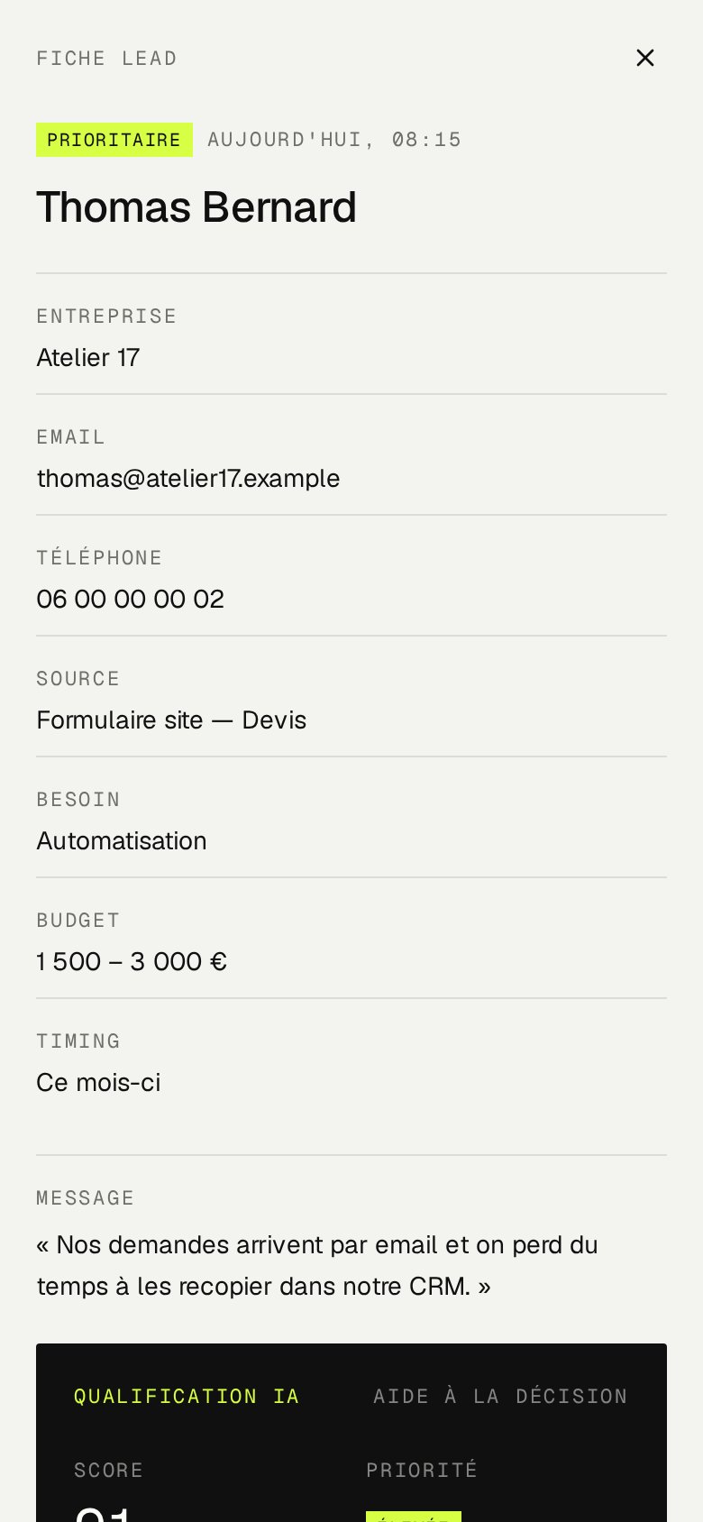 Fiche lead sur mobile