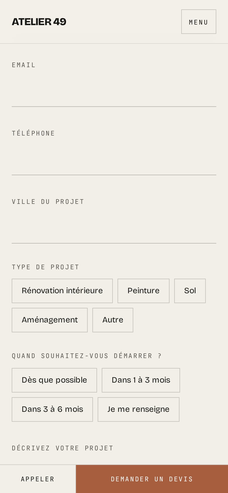 Demande de devis sur mobile
