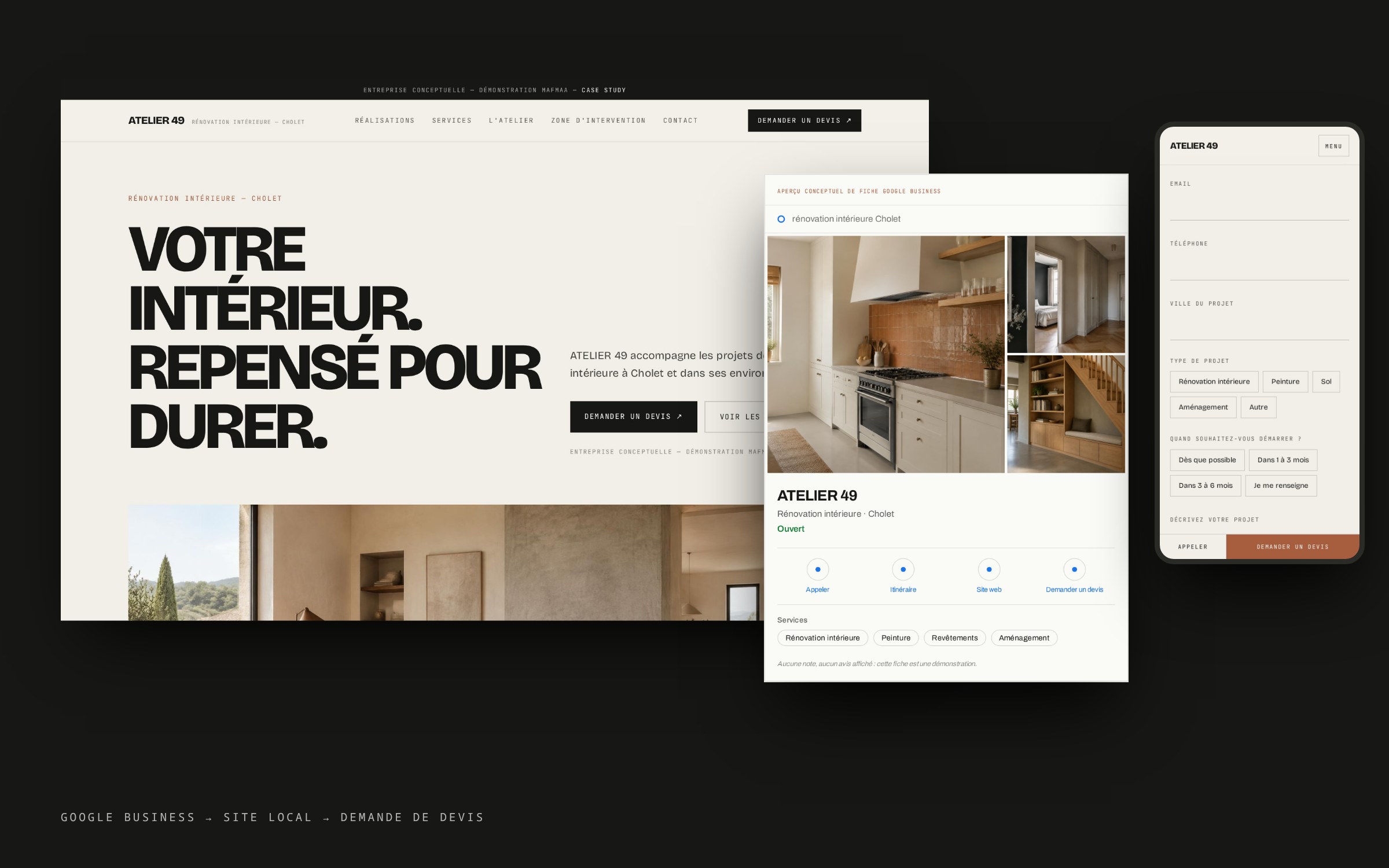 ATELIER 49 — site local, fiche Google Business conceptuelle et demande de devis sur mobile