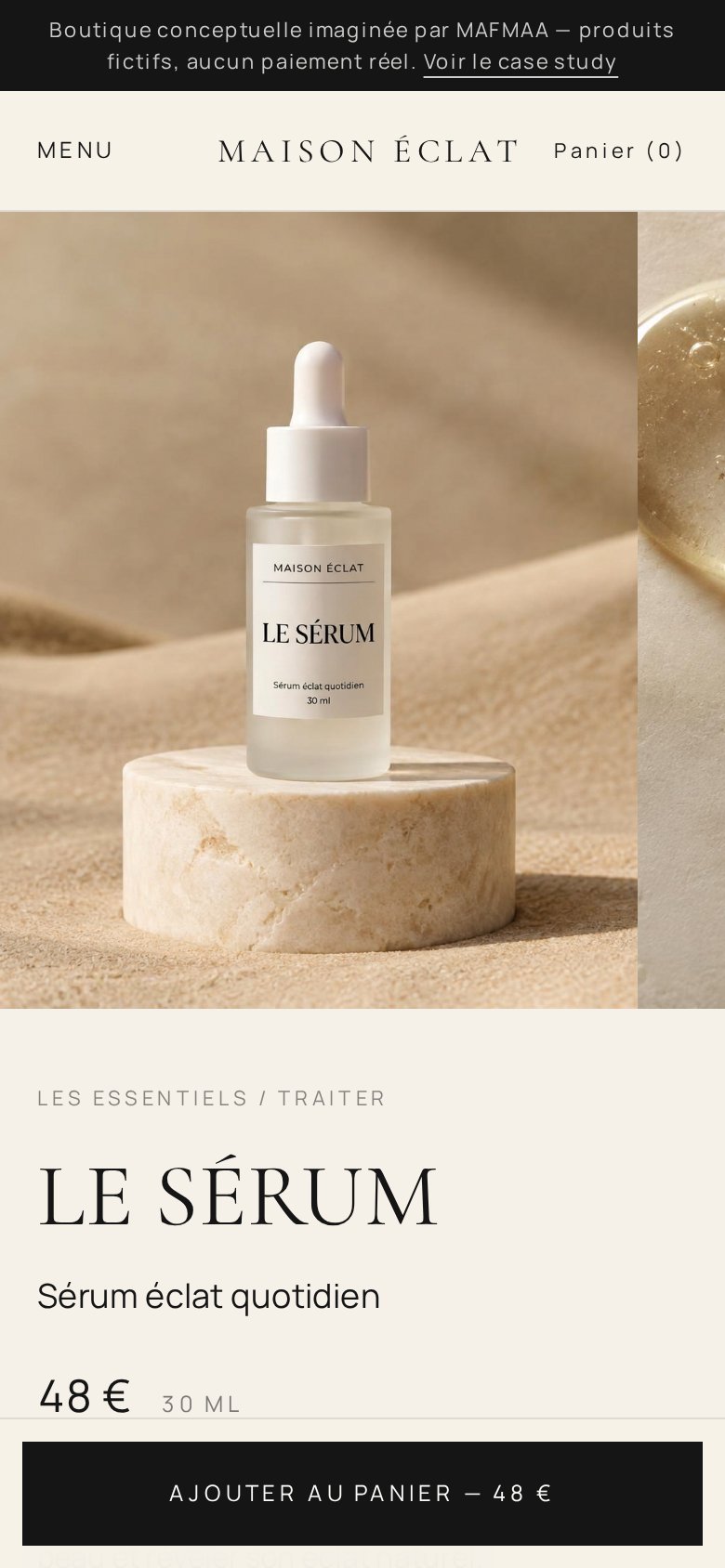 Fiche produit sur mobile avec ajout au panier fixe