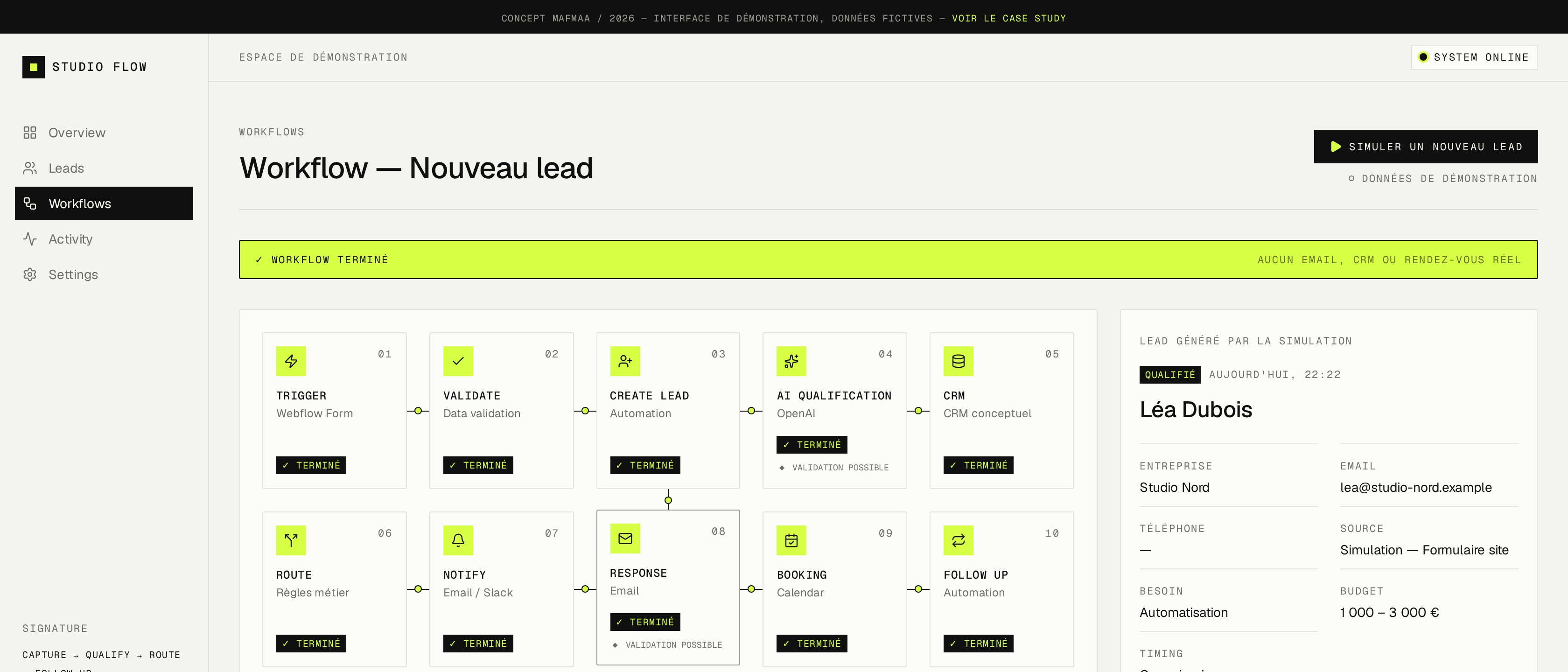 Studio Flow — workflow terminé et fiche du lead qualifié