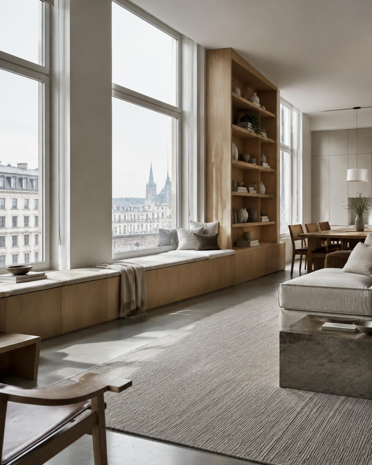 Appartement urbain avec banquette et bibliothèque intégrées — visuel conceptuel