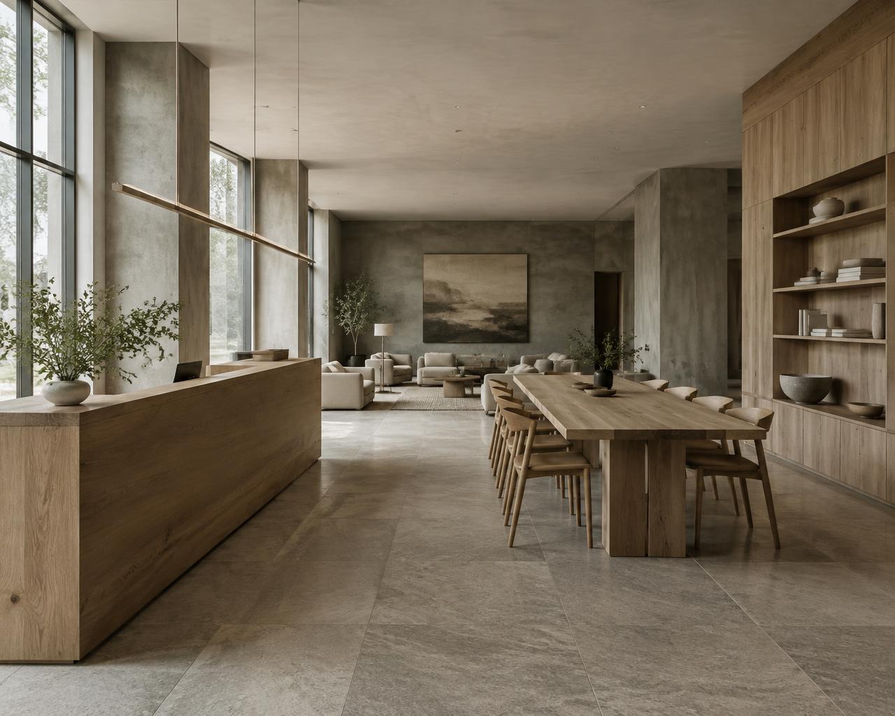 Espace hybride d'accueil et de travail — visuel conceptuel